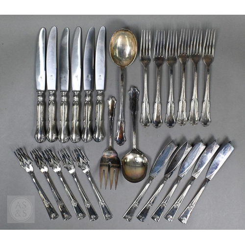 51 - A set of six German .800 grade table forks and two matching serving spoons and a fork with vestigial... 