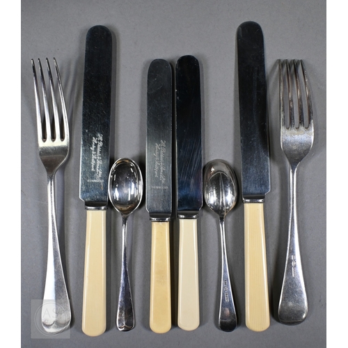 6 - An Edwardian oak-cased set of twelve each Albany pattern fish knives and forks with silver handles a... 