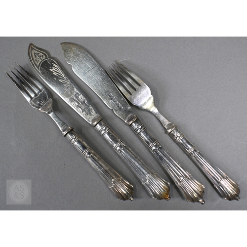 6 - An Edwardian oak-cased set of twelve each Albany pattern fish knives and forks with silver handles a... 