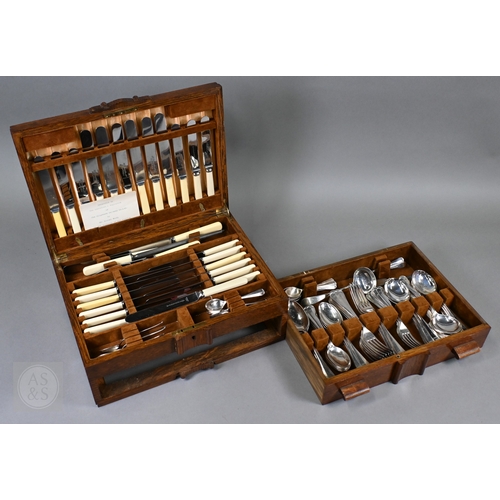 6 - An Edwardian oak-cased set of twelve each Albany pattern fish knives and forks with silver handles a... 