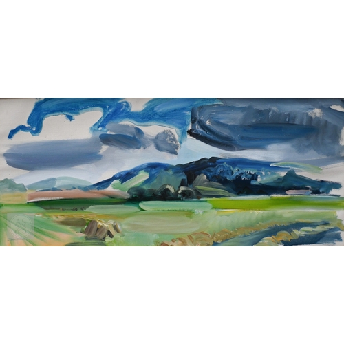 605 - John Hitchens (British, b 1940) - 'Blue hill, Summer Clouds', oil on canvas, signed lower left, 45 x... 