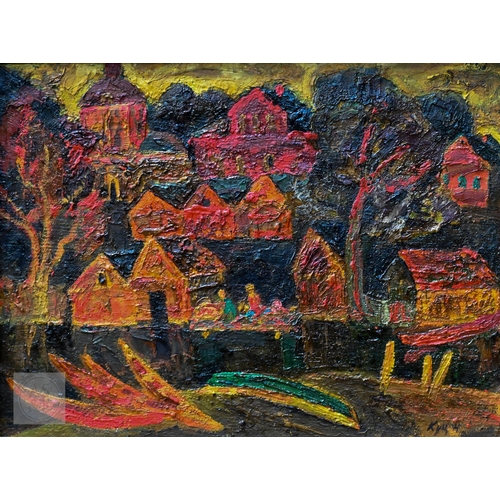 608 - Nikolai Konstantinovich (Ukranian) - The River, oil on board, 1936, signed lower right, 29 x 38 cm
