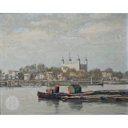 614 - V Hammond - River Thames view with Tower of London, oil on board, signed lower right, 32 x 39 cm Dis... 