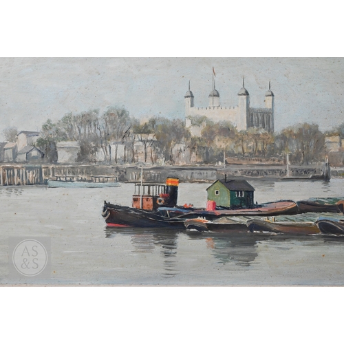 614 - V Hammond - River Thames view with Tower of London, oil on board, signed lower right, 32 x 39 cm Dis... 