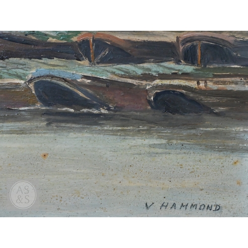 614 - V Hammond - River Thames view with Tower of London, oil on board, signed lower right, 32 x 39 cm Dis... 