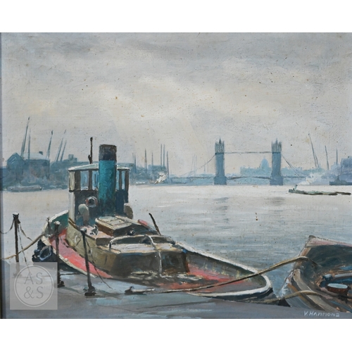 615 - V Hammond - River Thames view with Tower Bridge, oil on board, signed lower right, 24 x 28 cm