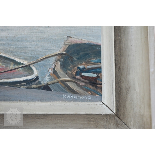 615 - V Hammond - River Thames view with Tower Bridge, oil on board, signed lower right, 24 x 28 cm