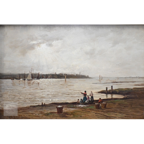 616 - Tom Seymour (British, 1844-1904) - Foreshore with figures, Dordrecht in distance, oil on canvas, sig... 