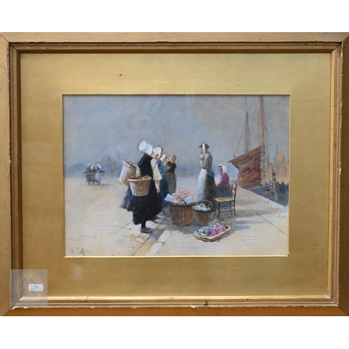622 - Hector Caffieri RI (1847-1932) - Two - Women on quays, watercolour, signed, 23 x 30 cm (2)Discoloure... 