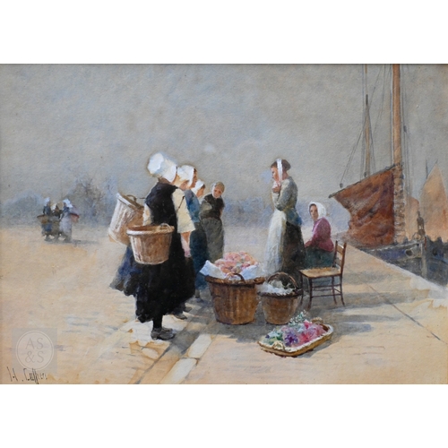 622 - Hector Caffieri RI (1847-1932) - Two - Women on quays, watercolour, signed, 23 x 30 cm (2)Discoloure... 