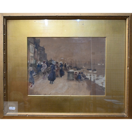 622 - Hector Caffieri RI (1847-1932) - Two - Women on quays, watercolour, signed, 23 x 30 cm (2)Discoloure... 