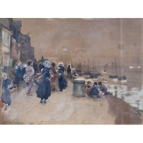 622 - Hector Caffieri RI (1847-1932) - Two - Women on quays, watercolour, signed, 23 x 30 cm (2)Discoloure... 
