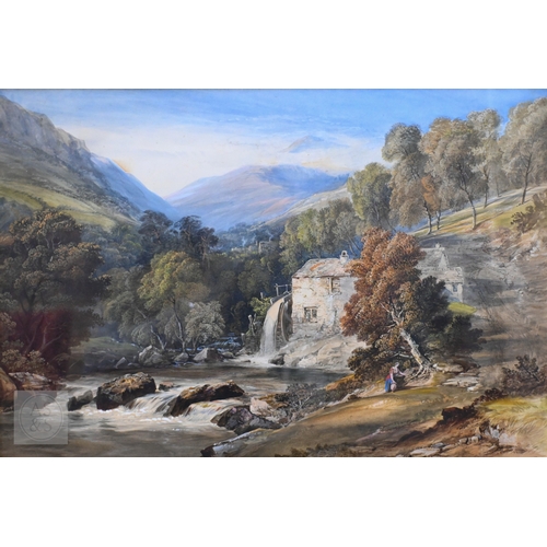 625 - S Jackson - 'Mill at Cader Idris, N Wales', watercolour, 36 x 54 cm, old handwritten label to revers... 