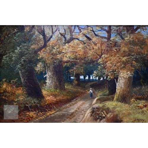 628 - D Motley - Woman carrying faggot stack on an autumnal lane, oil on canvas, signed lower right, 39 x ... 