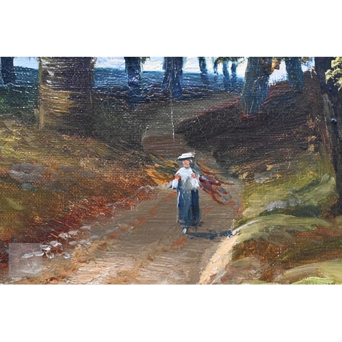 628 - D Motley - Woman carrying faggot stack on an autumnal lane, oil on canvas, signed lower right, 39 x ... 