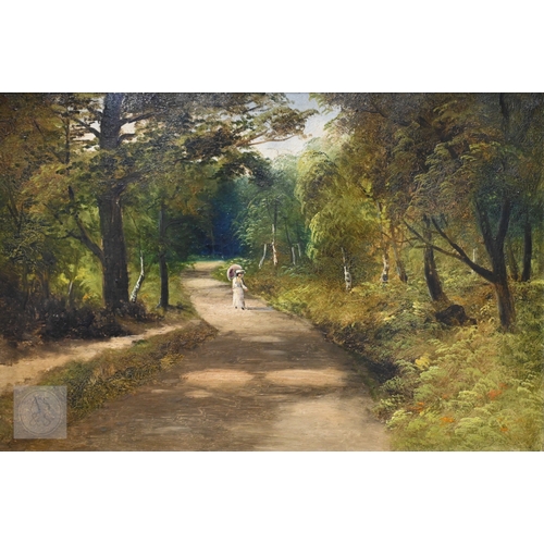 630 - D Motley - 'The Trossachs', lady with parasol on sun-dappled lane, oil on canvas, signed and titled ... 