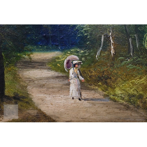 630 - D Motley - 'The Trossachs', lady with parasol on sun-dappled lane, oil on canvas, signed and titled ... 