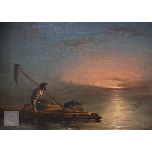 632 - H Clifford - Man and dog floating on a shipwreck at dusk, oil on canvas, signed lower right, 42 x 58... 