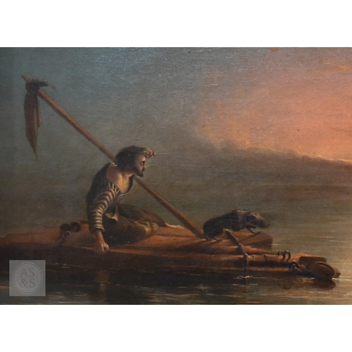 632 - H Clifford - Man and dog floating on a shipwreck at dusk, oil on canvas, signed lower right, 42 x 58... 