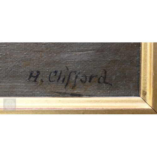 632 - H Clifford - Man and dog floating on a shipwreck at dusk, oil on canvas, signed lower right, 42 x 58... 