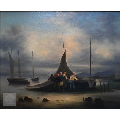 634 - Breanski? - Fisher folk folding sails, oil on canvas, signed lower left, 57 x 71 cm