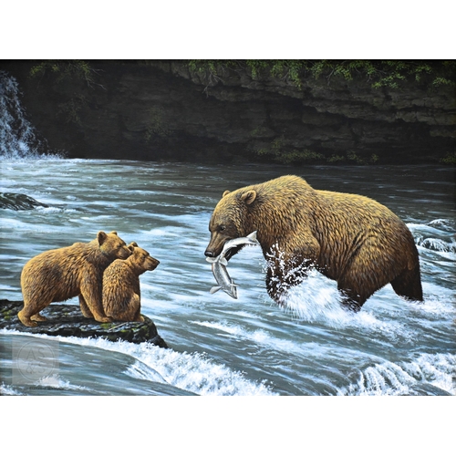 635 - Stephen Gayford (British, 1954-2015) - Brown bears fishing for salmon, oil on board, signed lower le... 