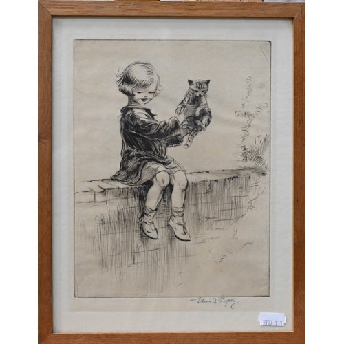637 - Eileen Soper (British, 1905-1990) - Two etchings - Young girl seated on a wall, holding aloft a kitt... 