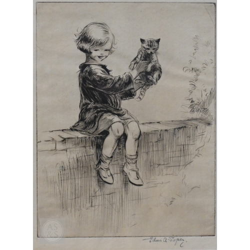 637 - Eileen Soper (British, 1905-1990) - Two etchings - Young girl seated on a wall, holding aloft a kitt... 