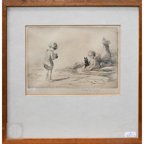 637 - Eileen Soper (British, 1905-1990) - Two etchings - Young girl seated on a wall, holding aloft a kitt... 