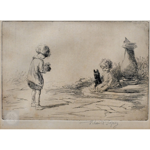 637 - Eileen Soper (British, 1905-1990) - Two etchings - Young girl seated on a wall, holding aloft a kitt... 