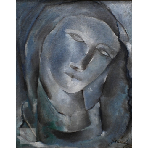 646 - Abstract lady's head in veil, oil on canvas, indistinctly signed and dated 1959, 50 x 39 cm