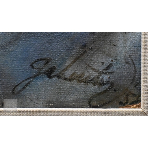 646 - Abstract lady's head in veil, oil on canvas, indistinctly signed and dated 1959, 50 x 39 cm