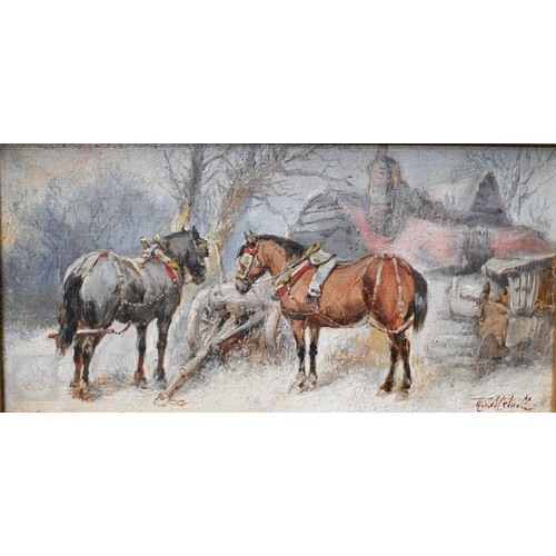 648 - H S Melville (British, 1824-1894) - Horses by a cart, oil on canvas, signed lower right, 20 x 39 cm