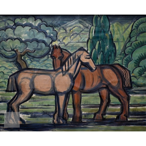 649 - Arnold Auerbach (British, 1898-1978) - Two horses beneath trees, oil on canvas, 70 x 88 cm