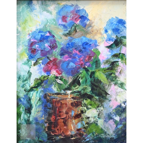 653 - MP - 'Hydrangeas', oil on canvas, signed with initials, inscribed verso 'Mary Potter', 44 x 34 cm