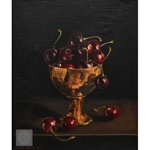 654 - Crin Gale (British, b 1947) - 'Cherries in a copper pot', oil on canvas, signed lower left and dated... 