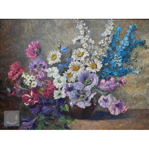 655 - Stefanie von Trauttweiller (Austrian, 1888-1979) - Still life study of a vase of flowers, oil on can... 