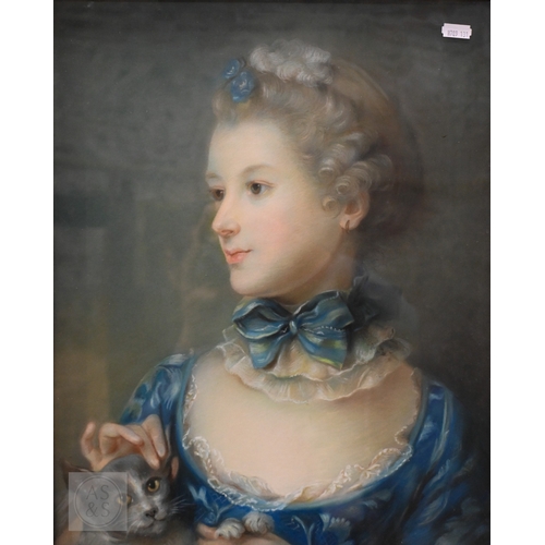 656 - Circle of Jean-Baptiste Perronneau - Portrait of Madame Pierre Boyer with a grey kitten, pastel, 44 ... 