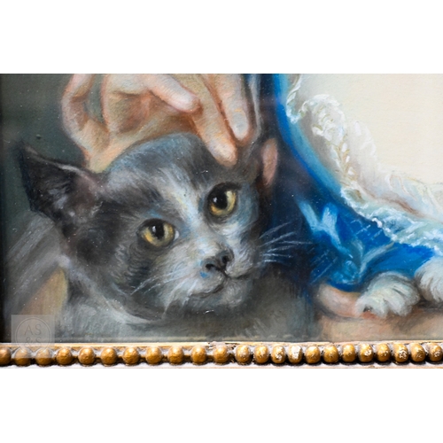 656 - Circle of Jean-Baptiste Perronneau - Portrait of Madame Pierre Boyer with a grey kitten, pastel, 44 ... 