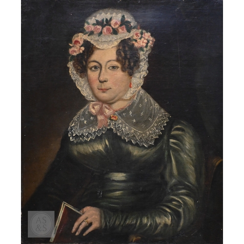 658 - 19th century English school - Portrait of a lady in lace cap holding a book, oil on canvas, 75 x 63 ... 