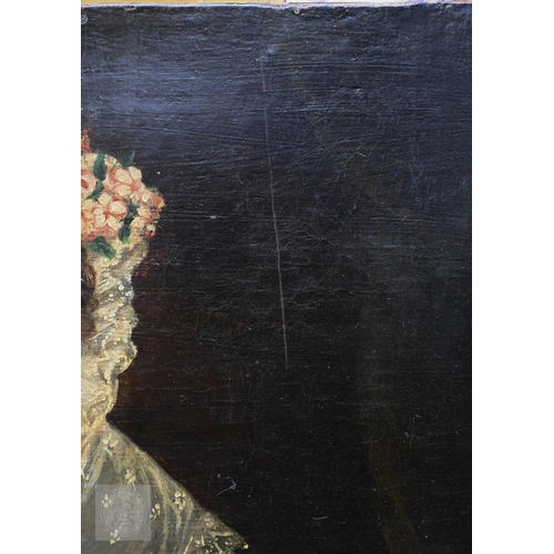 658 - 19th century English school - Portrait of a lady in lace cap holding a book, oil on canvas, 75 x 63 ... 