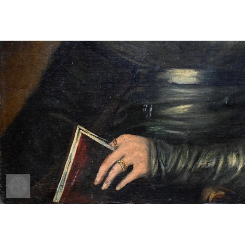 658 - 19th century English school - Portrait of a lady in lace cap holding a book, oil on canvas, 75 x 63 ... 