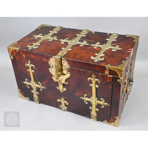 881 - An early 17th century continental brass bound oyster veneered coffer fort, the elaborate brass fitti... 