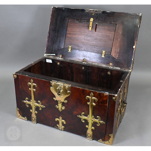 881 - An early 17th century continental brass bound oyster veneered coffer fort, the elaborate brass fitti... 