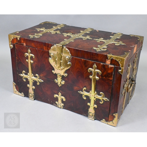 881 - An early 17th century continental brass bound oyster veneered coffer fort, the elaborate brass fitti... 