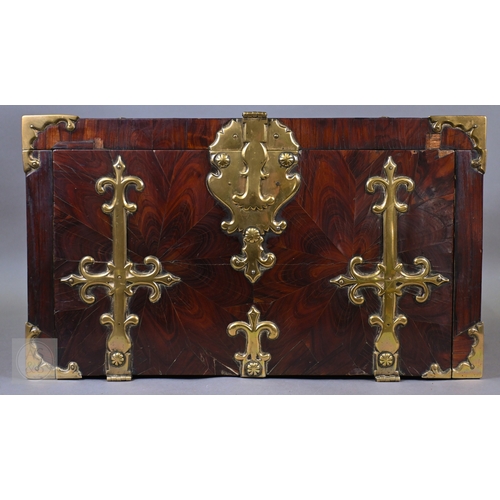 881 - An early 17th century continental brass bound oyster veneered coffer fort, the elaborate brass fitti... 