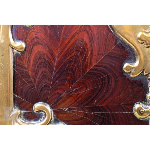 881 - An early 17th century continental brass bound oyster veneered coffer fort, the elaborate brass fitti... 