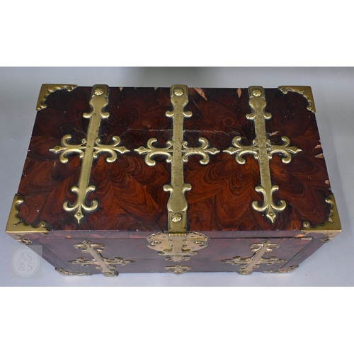 881 - An early 17th century continental brass bound oyster veneered coffer fort, the elaborate brass fitti... 