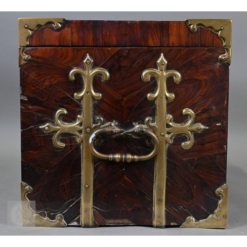 881 - An early 17th century continental brass bound oyster veneered coffer fort, the elaborate brass fitti... 