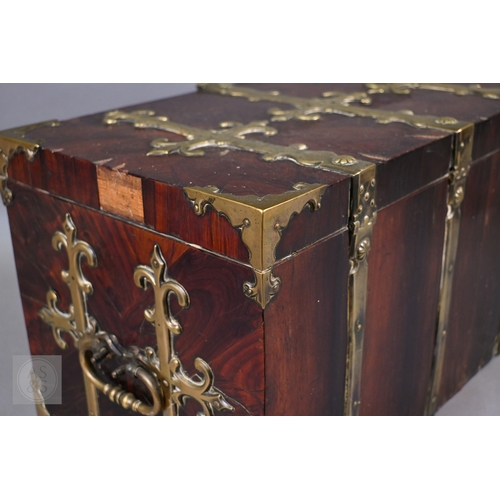 881 - An early 17th century continental brass bound oyster veneered coffer fort, the elaborate brass fitti... 